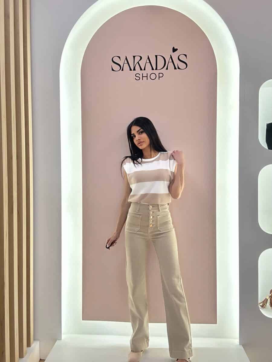 Pantalón Denim Botones Beige