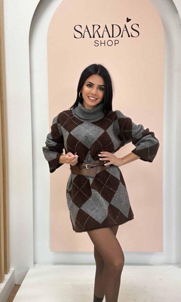 Vestido Cuello Vuelto Rombos Gris